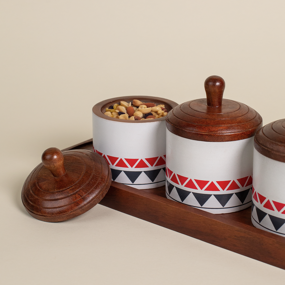 Wooden Serving Set with 3 Lidded Bowls and Base