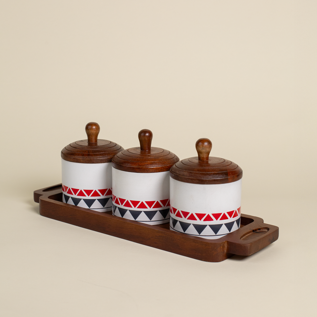 Wooden Serving Set with 3 Lidded Bowls and Base